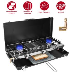 3 Burner Camping Stove 20000 BTU Portable Foldable Propane Stove With Toast Tray Windshield Portable Handle Outdoor Cooking Gas Stove For RV Camp